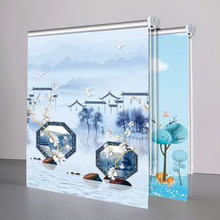 Chinese-Style Semi-Blackout Curtains, Roll-Pull Adjustable Curtains, Bedroom Sun Protection, No Punching, Bathroom Kitchen Waterproof