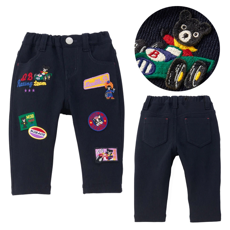 现货秋冬新款儿童黑熊赛车灯芯绒长裤日系宝宝徽章刺绣休闲裤