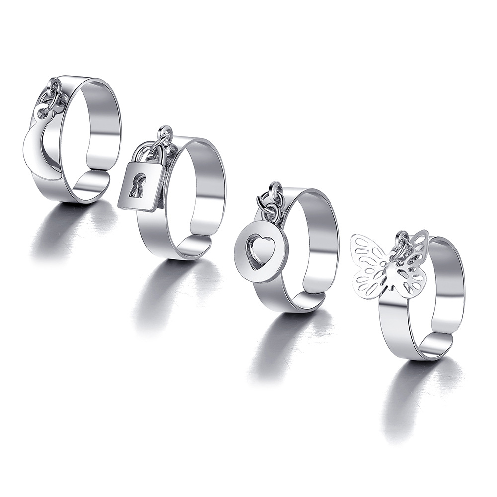 Creative Nouveau Papillon Serrure Anneau De Coeur Féminin Métal Knuckle Ring Set display picture 2