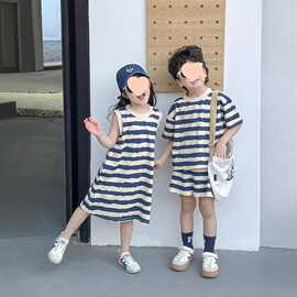 夏季新款韩版姐弟套装女童条纹无袖连衣裙洋气男童短袖两件套2026