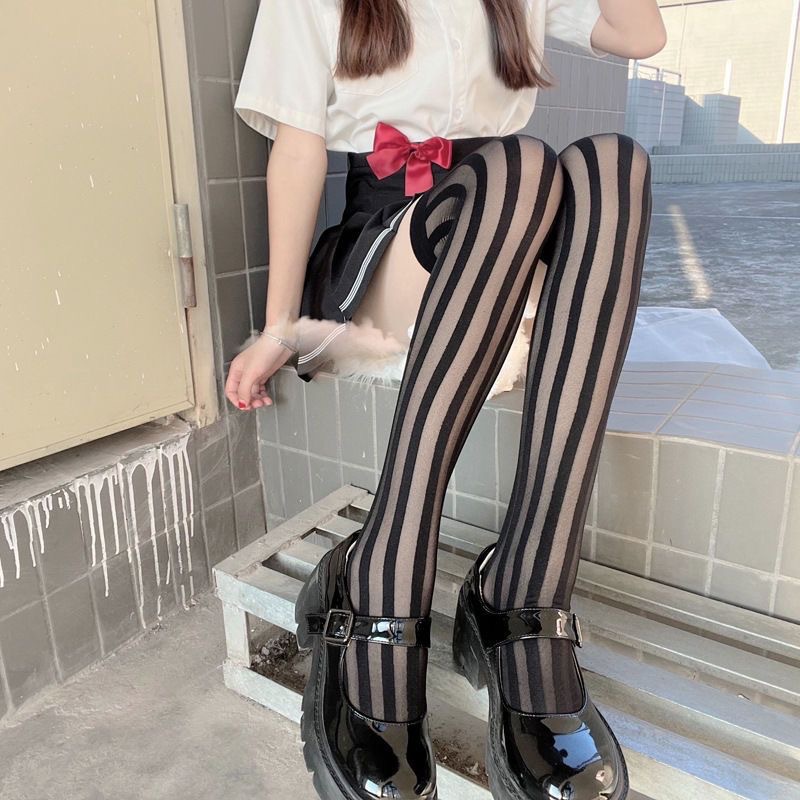 Dark Vertical Stripesd Black Silk Jacquard Elastic Long Japanese Style Street Style Jk Uniform Thigh Over-The-Knee Socks Sexy Silk