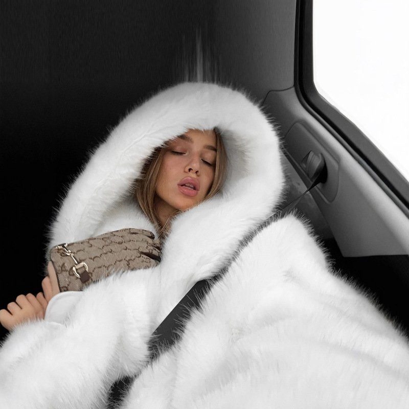 Hooded Faux Fur Coat Fur Eco-Shuba with Hood