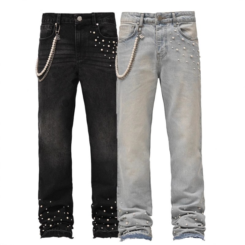 2025 Cross-border Men's Denim Straight Leg Pants European and American Street Fashion ins Explosions Stacked Denim Straight Leg Pants