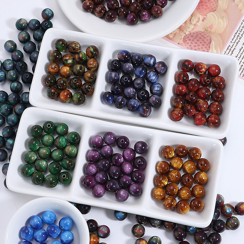树脂油画晕染圆形散珠复古混彩通孔串珠手工DIY手链项链饰品配件