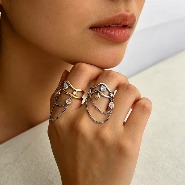 European and American fashion stainless steel ring with wave chain, tassel, open ring, water drop zircon, niche design titanium steel jewelry