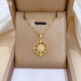 【钛钢】轻奢满钻微镶锆石太阳八芒星项链铜电镀真金吊坠ins风