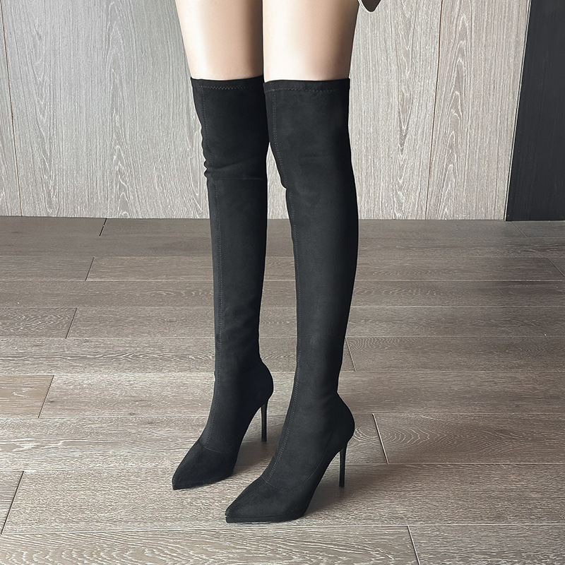 Elegant Suede High-Heeled Pointed-Toe Long Boots for Women, Autumn and Winter Over-The-Knee Boots, Stretchy Slim-Fit Boots, Slimming Long Boots Elegant Suede High-Heeled Pointed-Toe Long Boots for Women, Autumn and Winter Over-The-Knee Boots, Stretchy Slim-Fit Boots, Slimming Long Boots