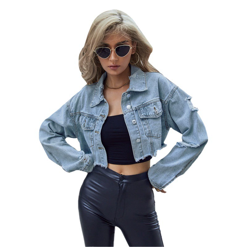 61 # В наличии - 10022. Женская джинсовая куртка в европейском и американском стиле INS, повседневная, универсальная, короткая, модная.