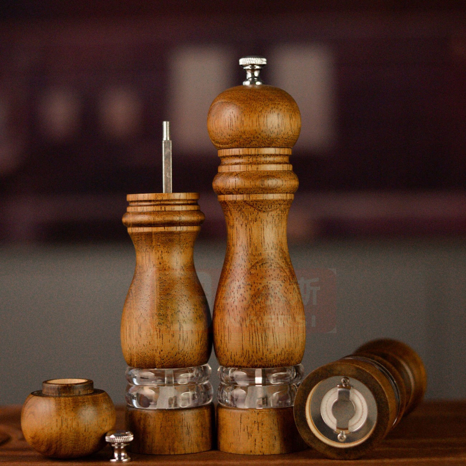  Molinillo manual de pimienta o sal, cuerpo acrílico y núcleo cerámico, diseño clásico de madera, utensilio de cocina