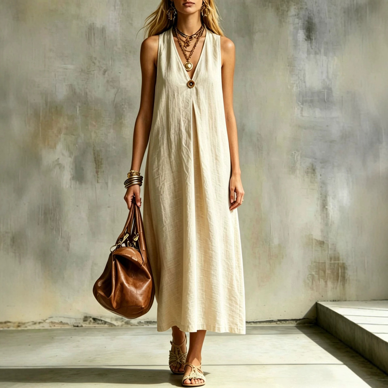2026 New European and American Amazon Minimalist Linen Loose Casual V-Neck Single-Button Long Sleeveless Dress