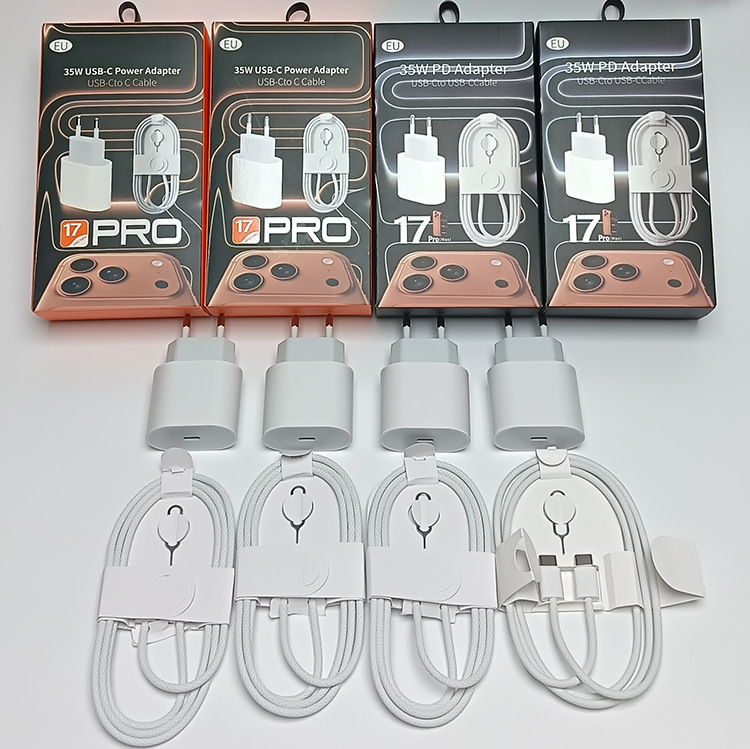 Suitable for Apple phones: US standard PD35W charger, European standard 35W charger, and UK standard fast-charging adapter, all with a long cable and dual USB-C connectors Suitable for Apple phones: US standard PD35W charger, European standard 35W charger, and UK standard fast-charging adapter, all with a long cable and dual USB-C connectors