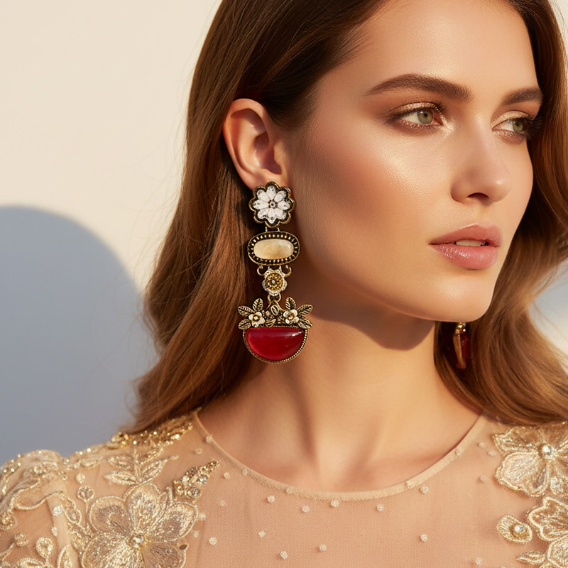 Za New Retro Palace Style Flower Basket Pendant Earrings European and American Design Retro Flower Earrings Cross-Border Women