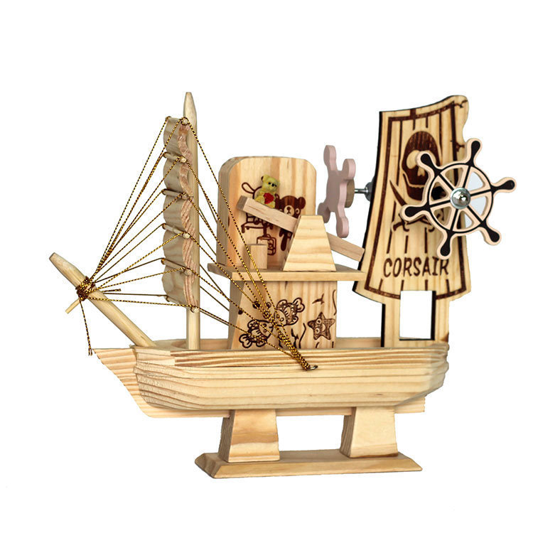 音樂盒木質工藝品擺件木頭海盜船音樂風車家居木質筆筒帆船音樂盒