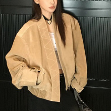 真皮皮衣HN5207头层山羊反绒复古美式休闲宽松小立领棒球夹克外套