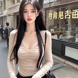 秋冬性感纯欲辣妹褶皱长袖打底衫女新款内搭收腰显瘦短款T恤上衣