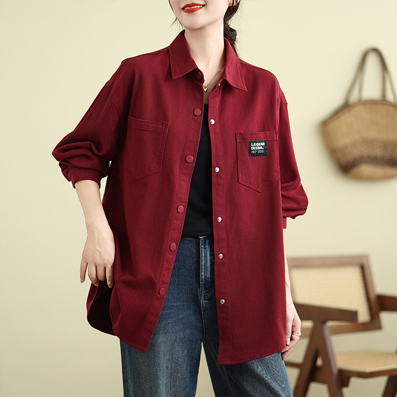 Real Shot Lazy Style Loose Shirt Korean Casual All-match Top Long-sleeved Denim Workwear Shirt Coat Women
