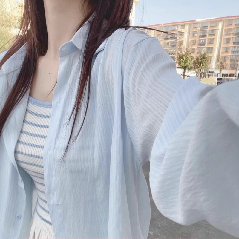 蓝色冰丝衬衫女雪纺衫长袖2025新款夏季轻薄小个子开衫薄外套