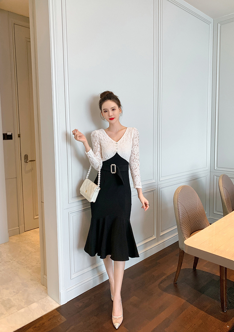 Đầm ôm body nữ cổ chữ V ren đuôi cá — Đen trắng chi tiết 18