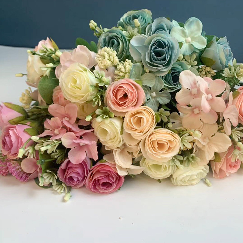 Artificial Rose Bouquet Rose hydrangea auspicioso Bud hogar sala de estar flor falsa planta decoración suministros la boda
