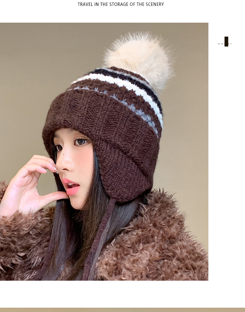 New Retro Fair Isle Style Warm Thickened Fleece-Lined Winter Knitted Hat, Cold-Proof Ear Protection, Tie-Up Wool Hat_voghion.com