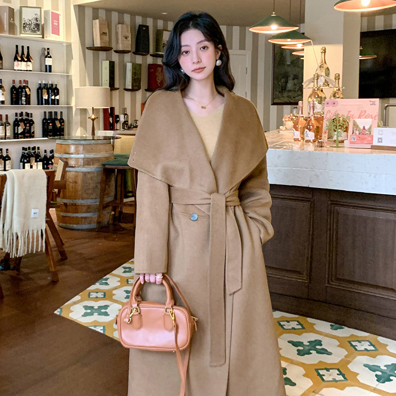Camel Velvet Double-Sided Woolen Coat Women's Autumn and Winter New Long Knee-Over-the-Knee Loose Fashionable Woolen Coat Coat with Large Lapel