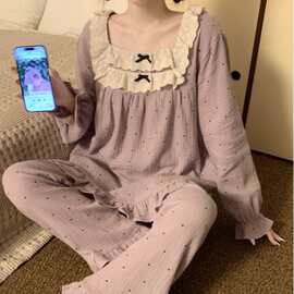 韩国ins女士春秋新品韩版新款紫色波点方领蝴蝶结长袖睡衣套装女