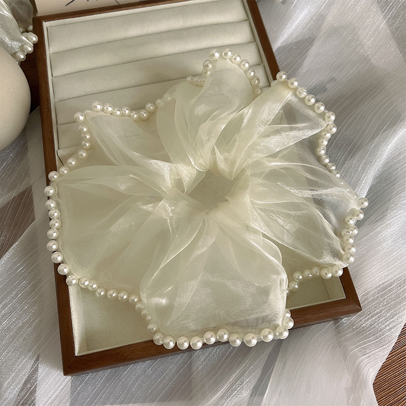 Elastico per capelli da donna con fiocco di perle e fiore ricamato, in corda di alta qualità._voghion.com