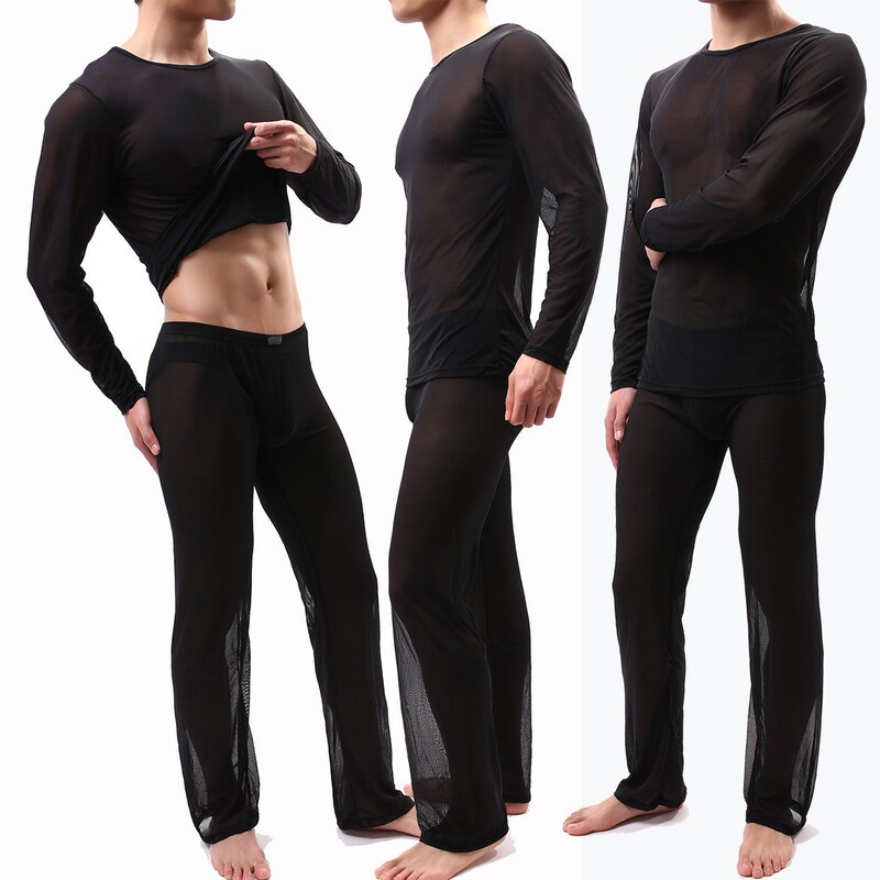 Yutata Export Sexy See-Through Men's Home Clothes Manufacturer Direct Supply Men's Long-Sleeved Pants Suit E685