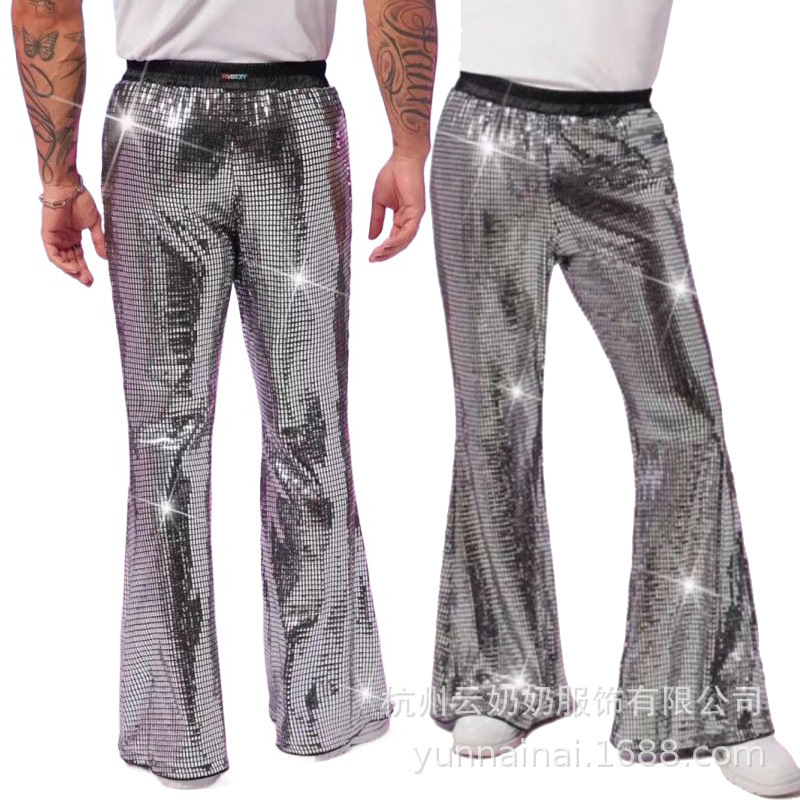 Cross-Border Hot-Selling Spring and Autumn European and American Retro Hip-Hop Trendy Flared Pants Nightclub Shiny Stage Performance Sequin Plaid Pants Cross-Border Hot-Selling Spring and Autumn European and American Retro Hip-Hop Trendy Flared Pants Nightclub Shiny Stage Performance Sequin Plaid Pants