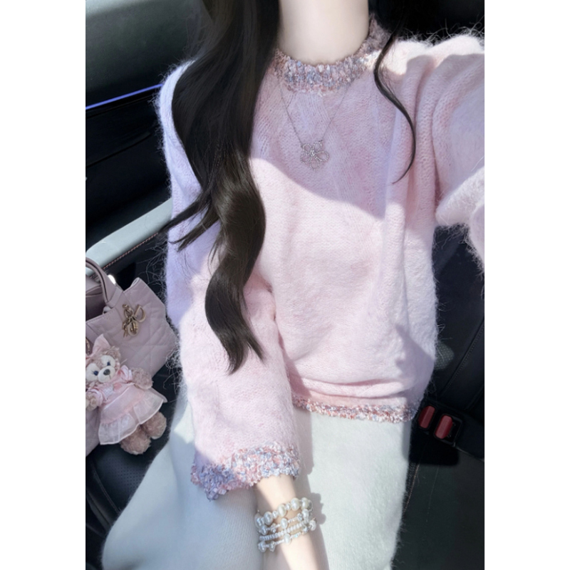 French Style Heavy Pink Mohair Sweater for Women in Autumn and Winter Thickened Loose Lazy Style Sweater