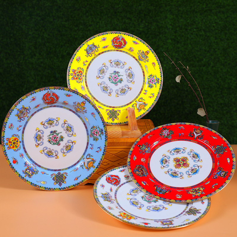 Mongolian element minority style ceramic relief Babao shallow mouth flat plate cold dish stir-fry Mongolian restaurant plate