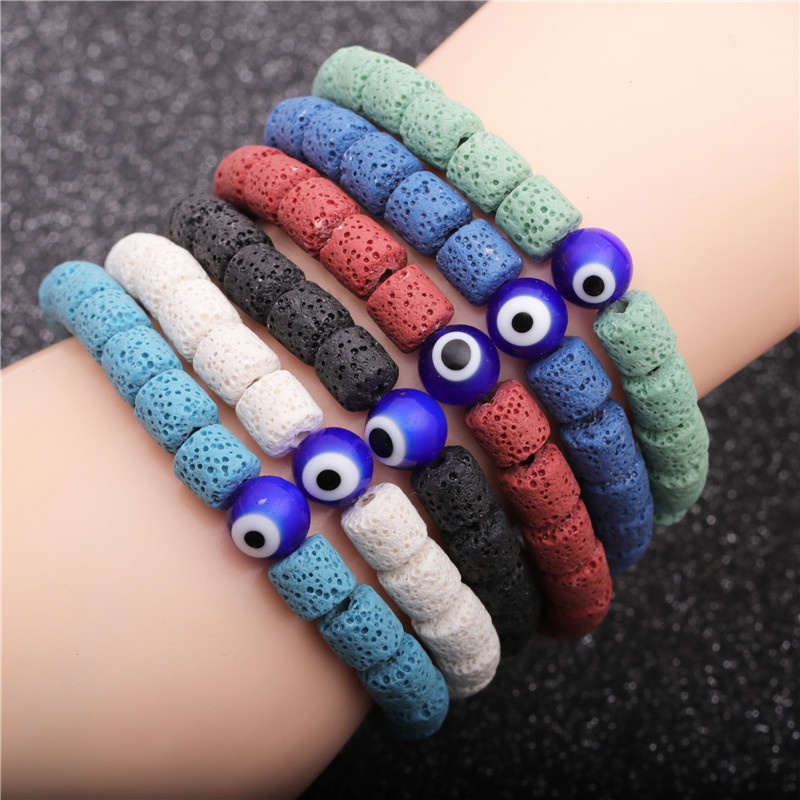 19g Weight No Inlaid Inlay Material Bracelets Classification Housewarming, Anniversary, Business, Wedding, Travel, Birthday, Festival Occasion Devil'S Eye Pattern Unisex Gender Fashion Style Dark Blue, White, Red, Green, Blue, Black Color Volcanic Stone Bracelet 2