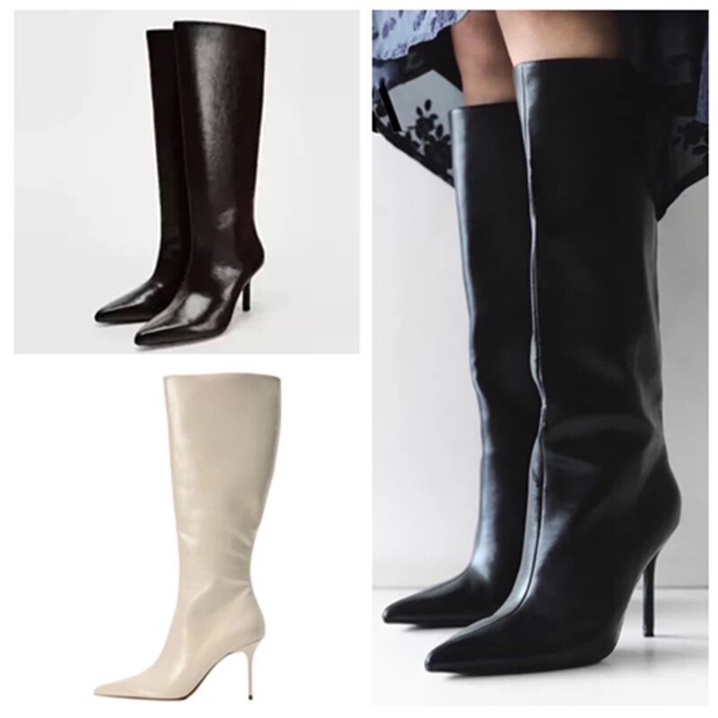 Za White Stiletto Boots 2025 New Sexy Pointed Toe Over-The-Knee Boots Large Tube Circumference Slimming Look Knight Boots