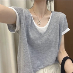 ゆるい痩せ【80-200斤】衝突色偽2枚の薄い氷糸半袖tシャツ女性が大きな上着を隠している