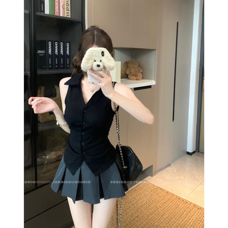Mr [40 Count Fine Cotton] Polo Collar Sleeveless Halterneck Camisole for Women in Summer Hot Girls to Slim down and Look Slimming Look