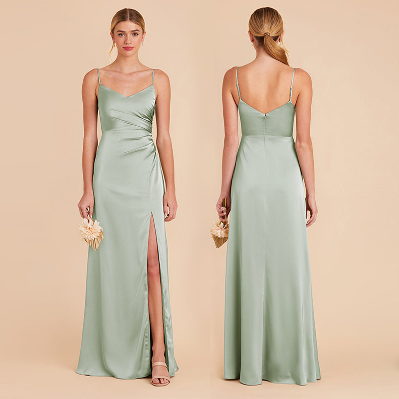 El nuevo vestido de dama de honor simple, el vestido de diseño colgante, generalmente puede usar un vestido de grupo hermano delgado verde de nicho, verano