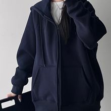 美式藏青色卫衣女秋秋oversize加绒复古连帽外套宽松慵懒开衫上衣