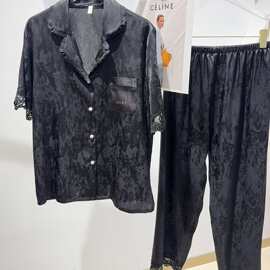 2026新款冰雪丝睡衣女开衫蕾丝花边短袖长裤简约印花家居服可外穿