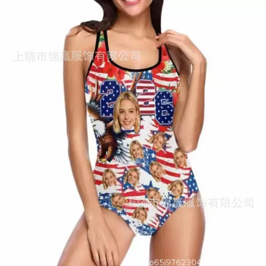 American Flag Print One-Piece Swimsuit for Women 4Th of July Independence Day Party High-Cut Slimming Swimsuit