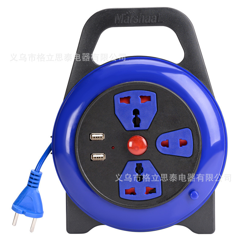 厂家直销国际万能孔卷盘线盘多孔位带USB5米接线板延长线电源插座