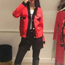 法單CP 2020春裝新款中國紅V領撞色長袖淑女風針織開衫外套