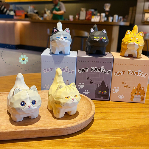 Original Wood Carving Cat Standing Small Ornament Figure Cute Collectible Car Decorative Item Female Cute Pet Home Desk Ornament