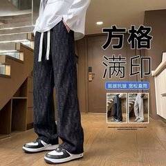 春夏休闲阔腿宽松长裤男女同款青少年学生裤子男生针织格子情侣款