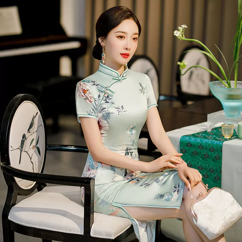Daily 40-80kg Cheongsam Двухслойное шелковое платье средней длины до колена в стиле ретро Элегантное платье для молодой мамы