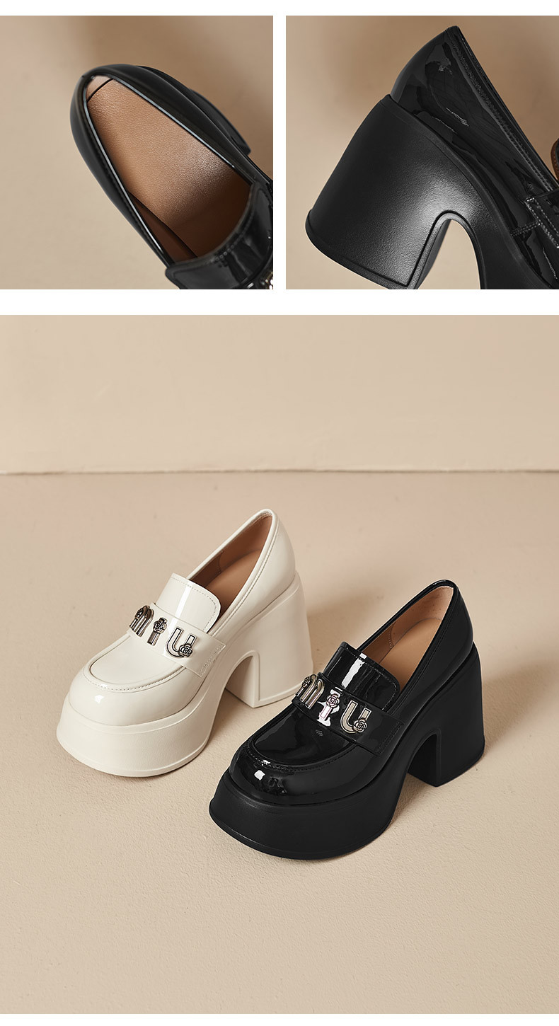 Giày loafer nữ cao gót đế xuồng phong cách Anh quốc, mũi nhọn, chất liệu sơn bóng, gót 6 cm — màu đen, màu trắng ngà chi tiết 11