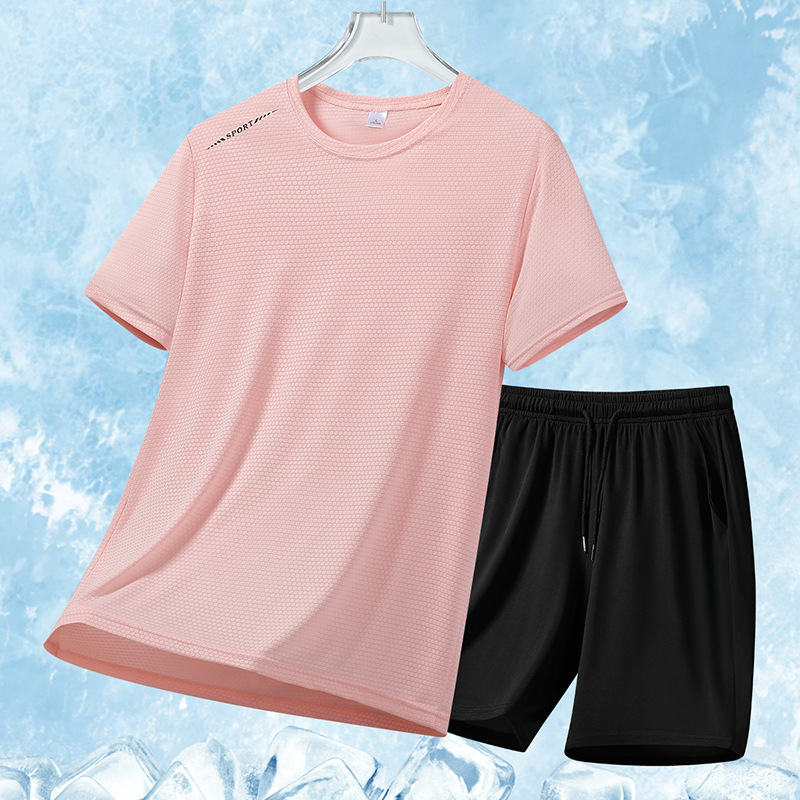 Ice Silk Summer Traje deportivo casual para hombre Cool suelto de dos piezas para hombre Camiseta transpirable de secado rápido Pantalones cortos para hombre