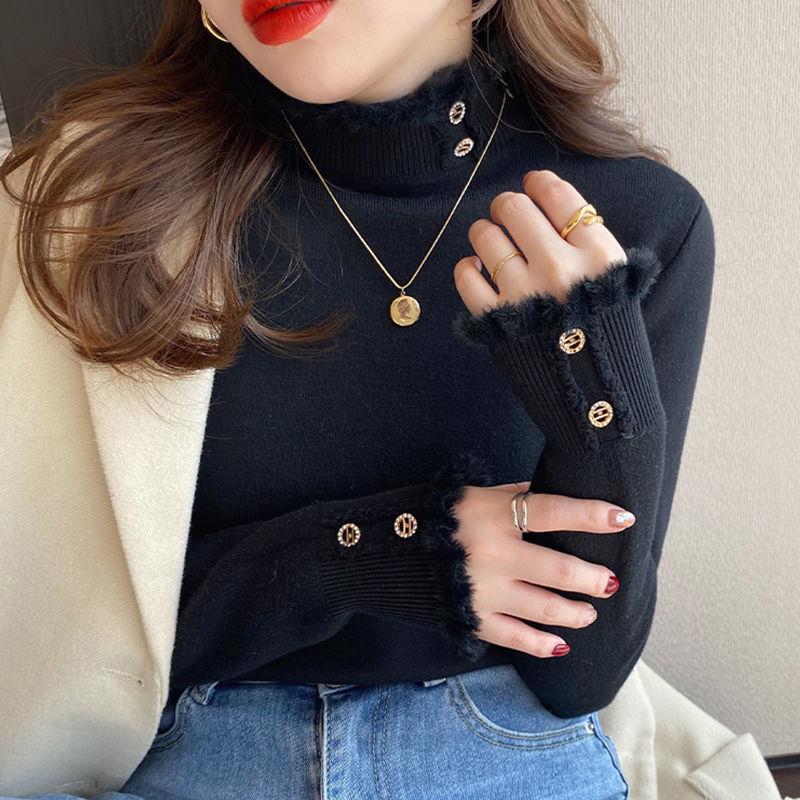 [シープカシミア] カシミアレディースセーター、ハーフタートルネック、ベルベット厚手セーター、暖かいオールインワンベルベットインナー、ウールボトムシャツ