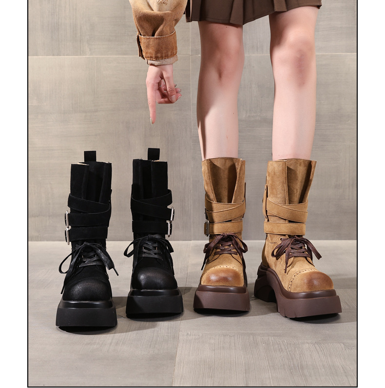 Giày boot nữ đế dày nâng chiều cao phong cách retro, khóa thắt lưng — đen chi tiết 15
