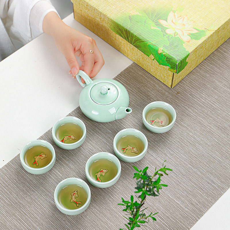 厂家青瓷茶具套装鲤鱼7头茶杯茶壶整套功夫德化陶瓷礼品公司logo