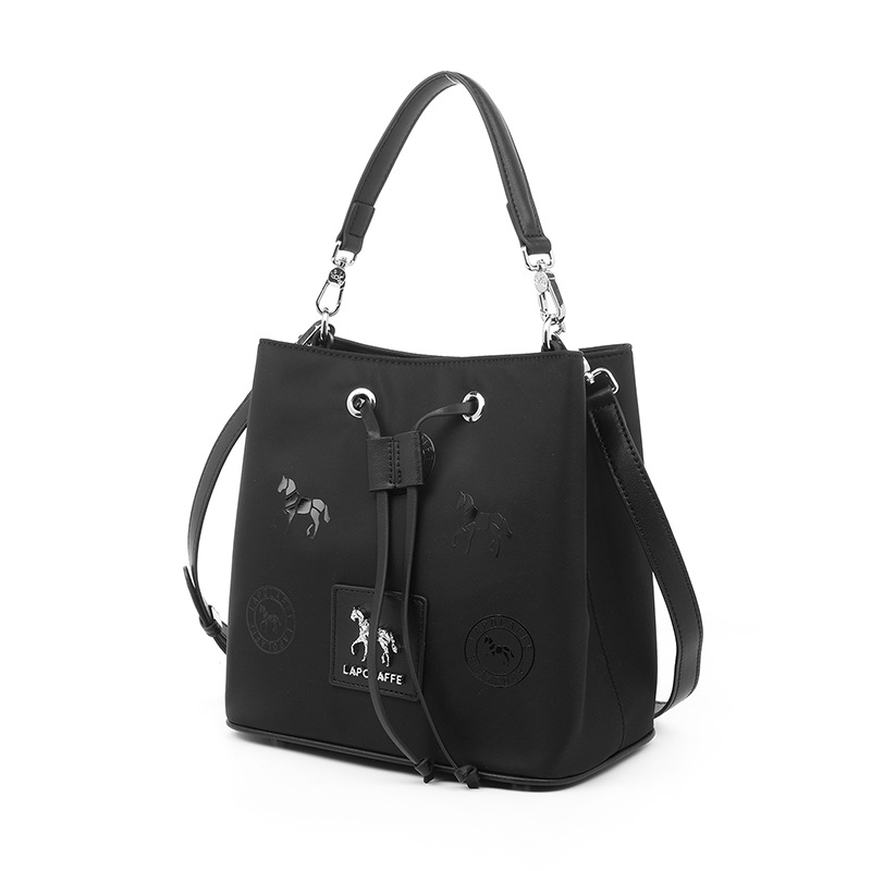 Mujeres cuerdas cubo bolsos casuales bolsos de mochila de ultrafibra negros europeos y estadounidenses sensación cool neutral LP7242#